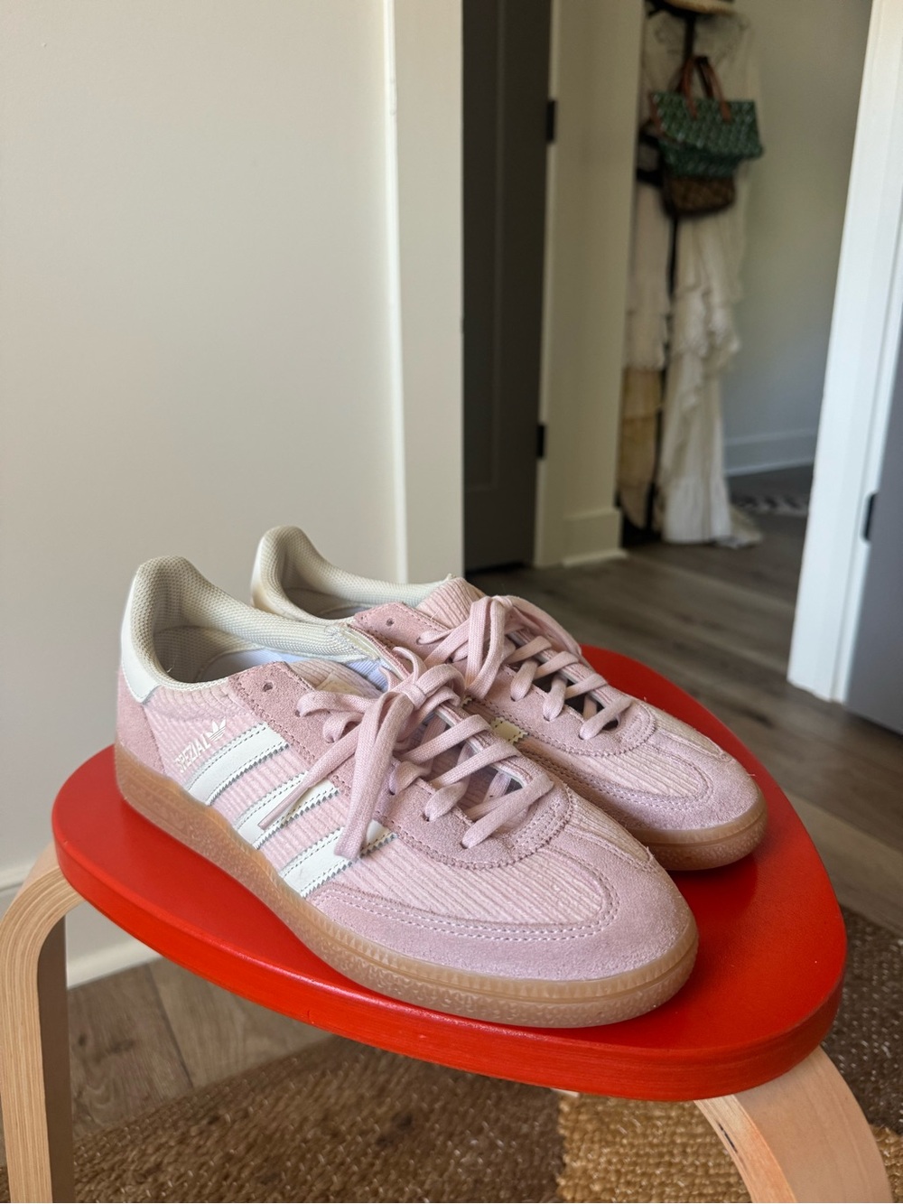 adidas Women’s Pink and White Suede Sneakers